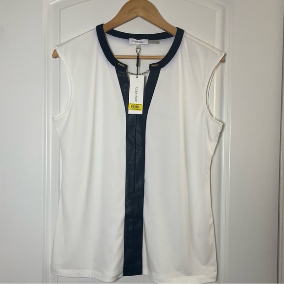 Calvin Klein Tops - Calvin Klein Women Sleeveless White Blouse Faux Leather Trim NWT Size M